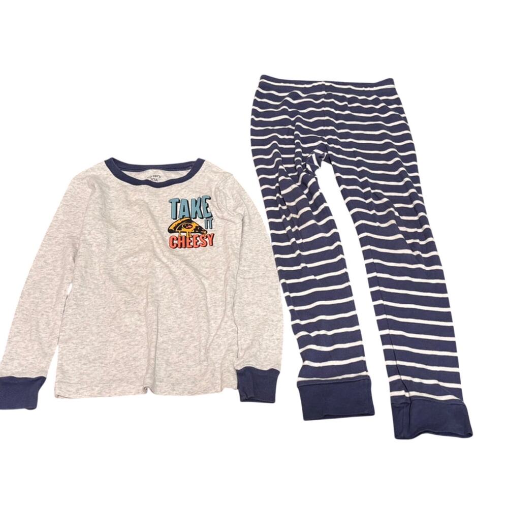 Carter's Boys Pizza Pajama set Snug Fit Long Sleeve Pants Gray/Blue 7 7A - Picture 1 of 9
